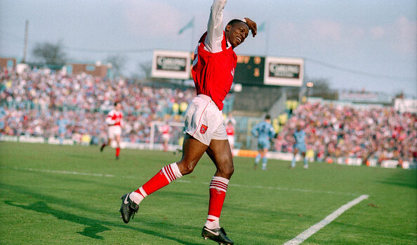 Ian Wright of Arsenal celebrates scoring against Coventry in 1993